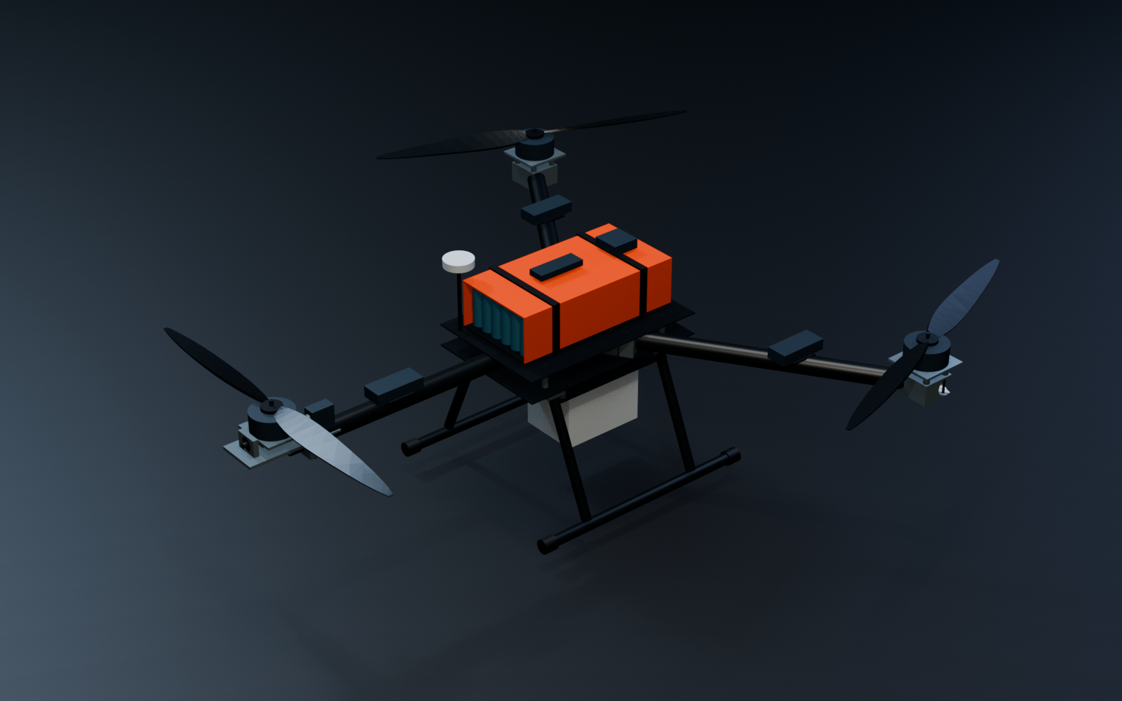 Three-arm open-frame aircraft concept in a graphite studio setting